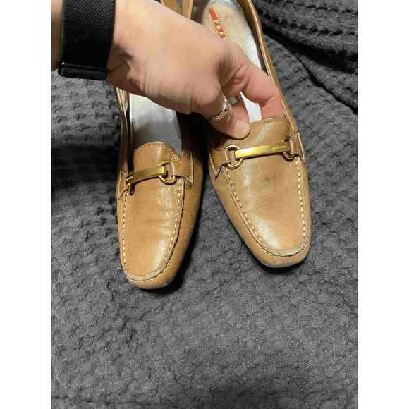 Prada Tan Leather Loafers with Gold Hardware & Kitten Heel, Size 9 - Picture 2 of 9